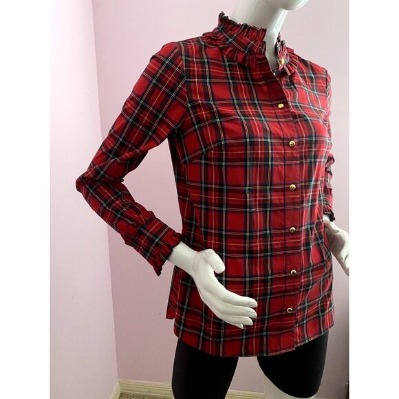 STS Sail to Sable Tartan Plaid Shirt Blouse Ruffle SMALL Red Long Sleeve - Picture 7 of 7